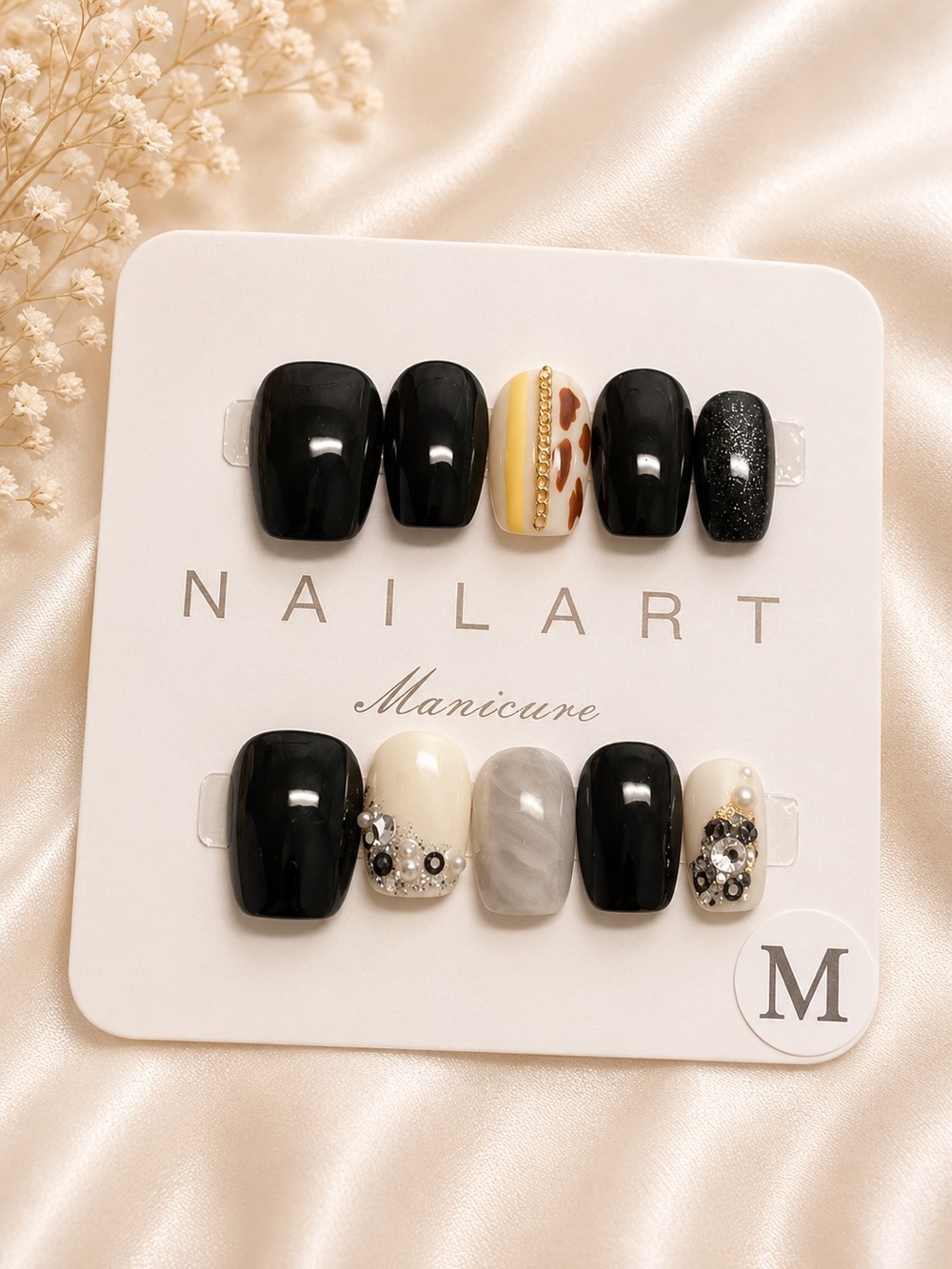 Chic Black & Cream Press-On Nail Set with Leopard Accent size Medium
